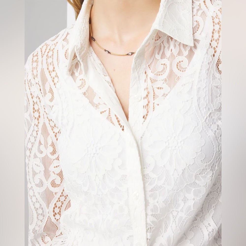 White House Black MarketLong Sleeve  Lace Button Down Shirt in Ecru Size Medium - Picture 2 of 7